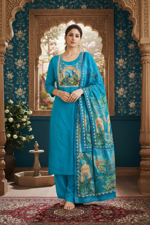 Teal Blue Peacock Print Kurta Set with Dupatta