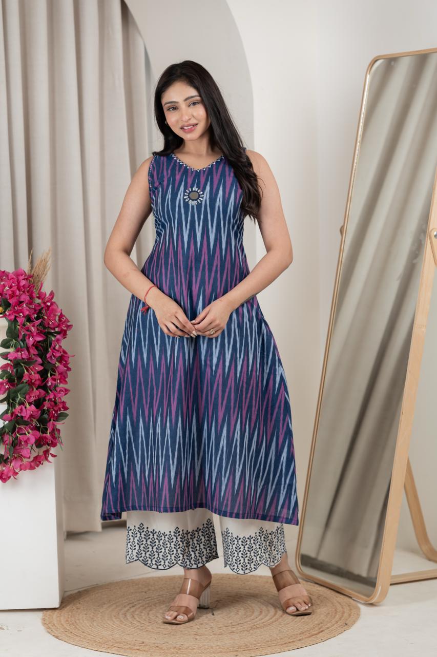 Cotton Ikkat 2-Piece Set with Mirror Handwork - Image 7