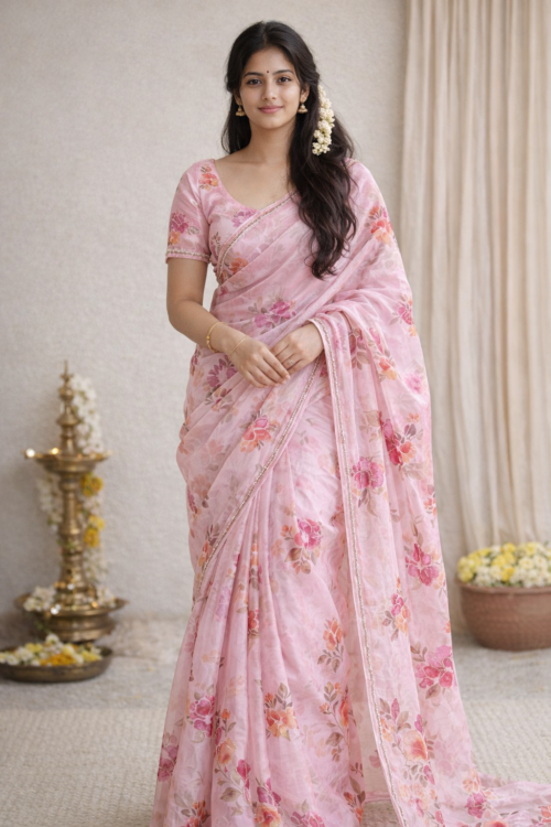 Pure Tebby Silk Handwork Saree with Digital Floral Print & Cut Dana Work