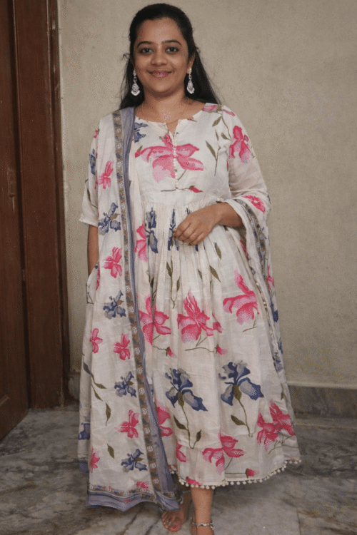 Pure Mul Cotton Floral Anarkali Frock with Dupatta – Breathable Summer Ethnic Wear
