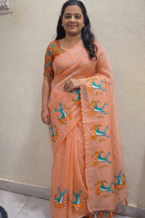 Premium Kota Cotton Embroidery Saree with Deer Floral Border & Contrast Blouse